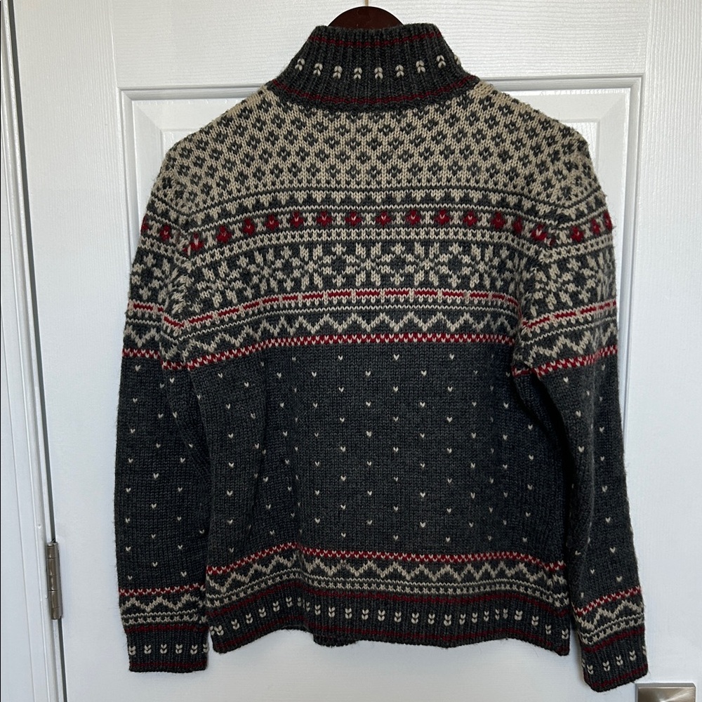 Lauren Ralph Lauren Charcoal Gray Fair Isle Ski Zip Sweater with Red Accents - Picture 2 of 3
